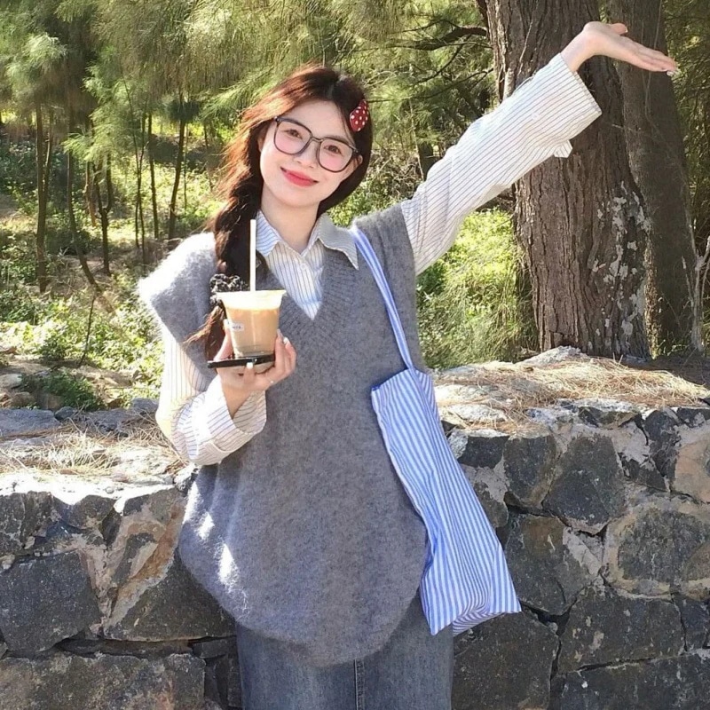 ハイエンドのカスタマイズ-スーツワンピース韓国風プリンセス風レトロニットベストセーター女子学生春新作+ストライプシャツ