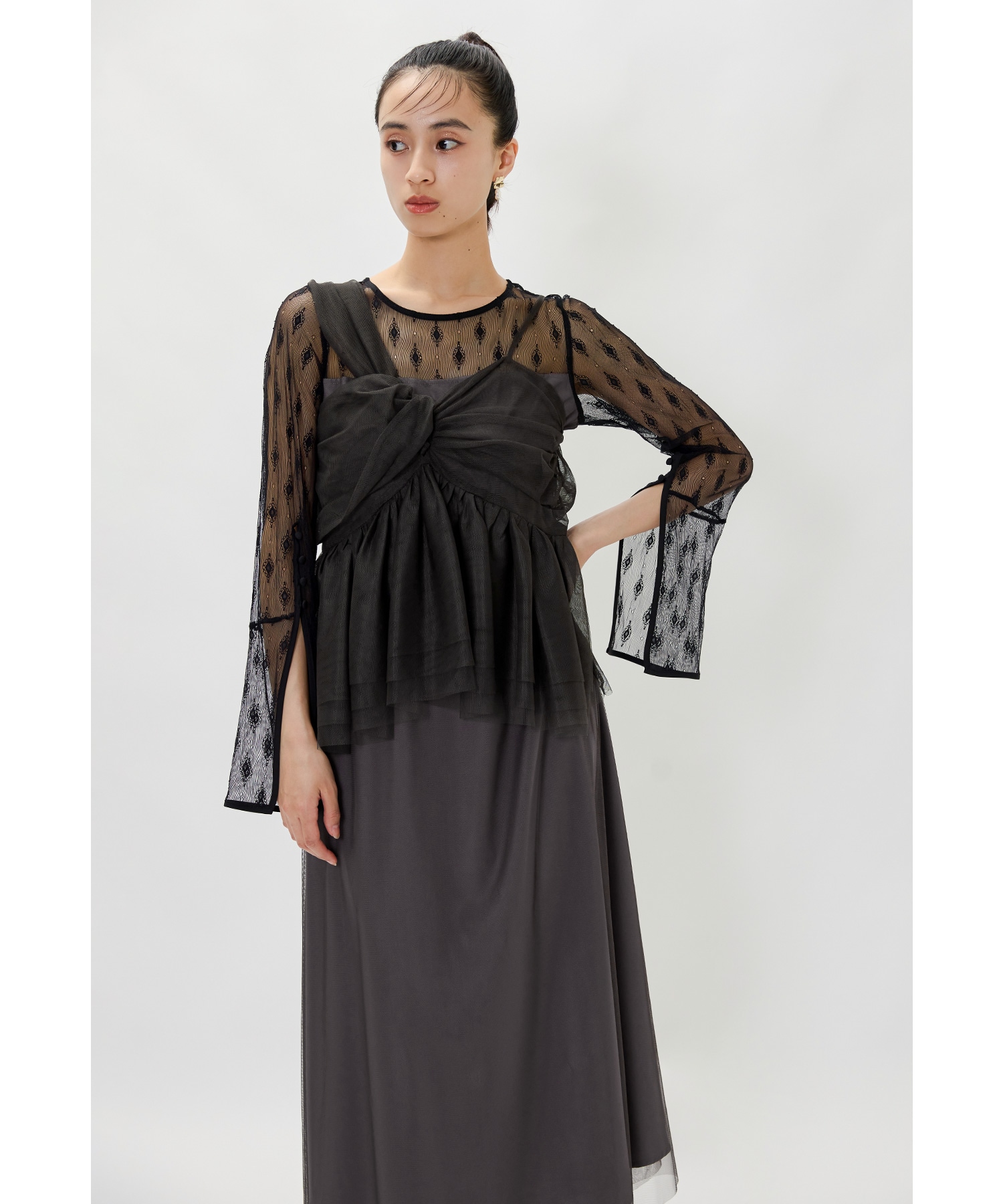 リボンベストセットアップドレス パーティードレス 結婚式 ワンピース ビスチェ 2点セット チュール シアー レース 長袖 お呼ばれ パーティー 二次会 披露宴 謝恩会 成人式 同窓会 入学式