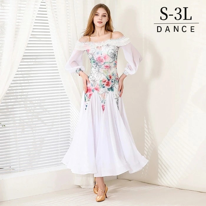 希少アイテム社交ダンスドレス モダンドレス 白 ホワイト 社交ダンス衣装 社交ダンス ドレス 衣装 長袖 大きい裾 スタンダードドレス ワルツダンス ステージ衣装 ダンス衣装 ダンスウェア 競技会 パ