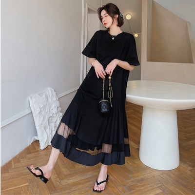 裾シースルーワンピース ワンピース フレアワンピース ロング ロング丈 袖あり 半袖 ラウンドネック フレア 切り替えデザイン 切り替えデザイン 透け感 シースルー かわいい 大人可愛い きれいめ