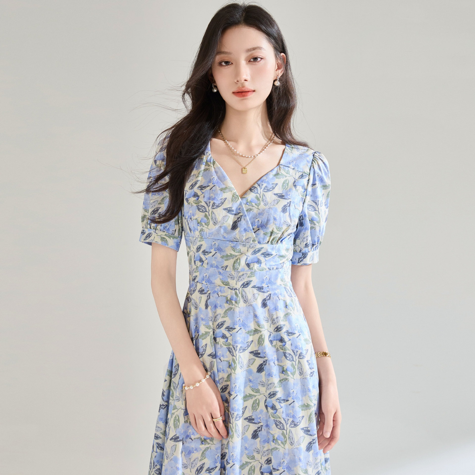 【送.料.無.料.急速発送】清風純綿プリントVネック収納ウエスト半袖茶休スカートハイウエストA振子ワンピース