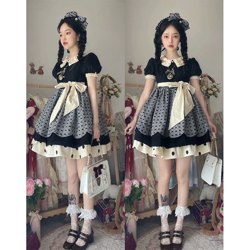 ハロウィン ハロウィン サンタ 愛されドッキングワンピースロリータ2023韓国ファッションロリータバブルスリーブワンピースカレッジスタイルロリータ
