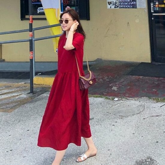 【取寄：納期2週間】ワンピース レディース 大きいサイズ 春 夏 無地 リネン コットン 丸首 ロング丈