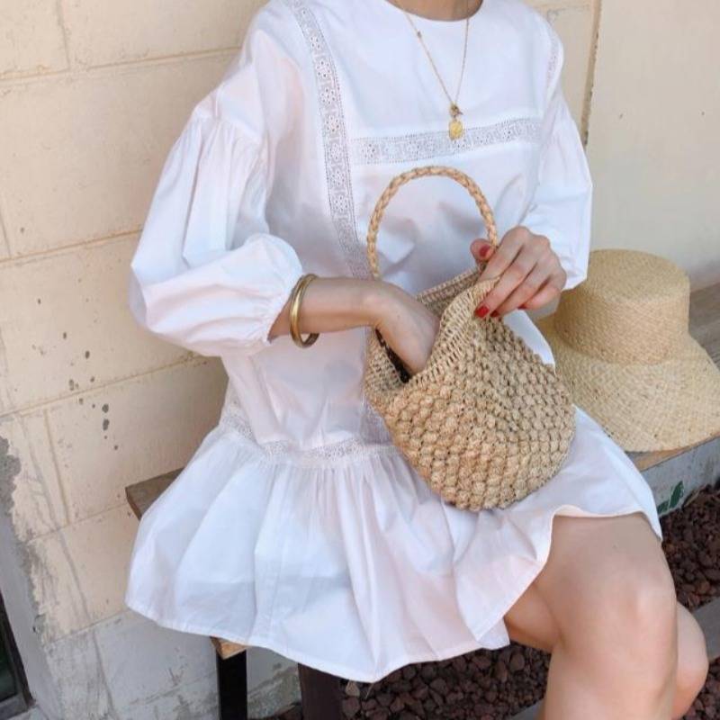 ワンピース ミニ丈 テント ゆったり フレア パフスリーブ チュニック レース 7分袖 綿 体験カバー ナチュラル コットン 大人可愛い カジュアル New きれいめ 袖コンシャス お出かけ ラウンドネック