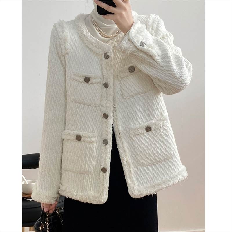 アウター ツイードジャケット レディース 長袖 ノーカラー ラウンドネック メタルボタン 銀ボタン 前開き ポケット 入学式 入園式 卒業式 卒園式 謝恩会 フォーマル オフィス 結婚式 スーツ お宮 5,451円