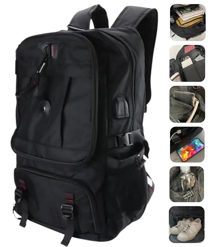 [] リュック 大容量 ビジネス 防災バッグ 【65L×多収納×シューズ収納×17インチPC対応×USB給電口】 旅行・出張・部活・登山・アウトドアで 【頑丈な生地×耐水×耐傷】 (ブラック)