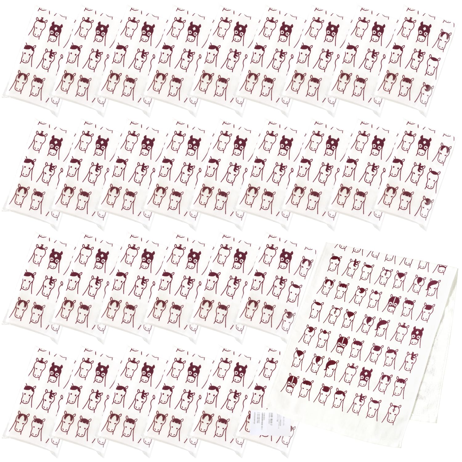 ブルーム 干支タオル やわはだガーゼ 30枚セット 名刺ポケット付き PP袋入り 粗品タオル お年賀 ご挨拶 日本製 (おめかしポニー えんじ)