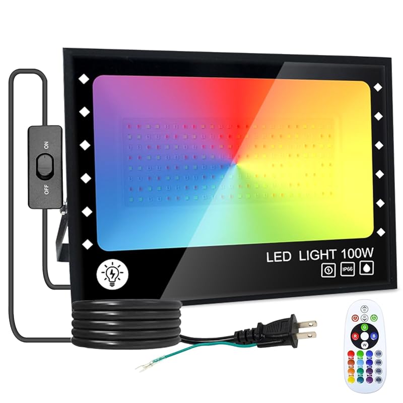 【国内即発】【2024最新 RGBライト 投光器】100W RGB投光器 LED雰囲気ライト 屋外 庭園灯 RGB看板灯 景観照明 舞台照明 500Wより明るい IP66防水防塵 リモコン付き 360