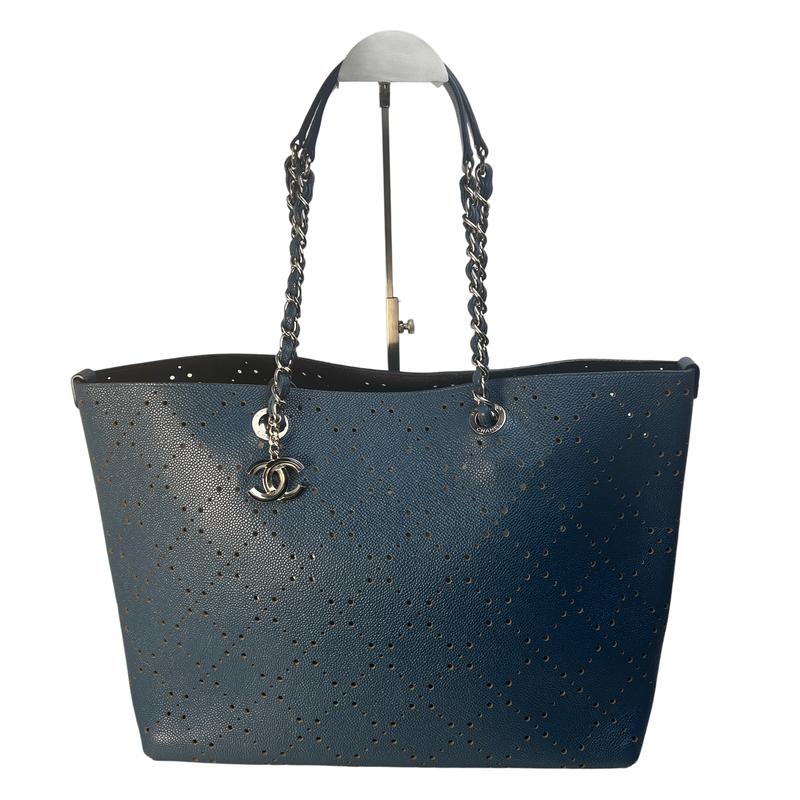 CHANEL シャネル ココマーク パンチング レザー トートバッグ ブルー A-10974