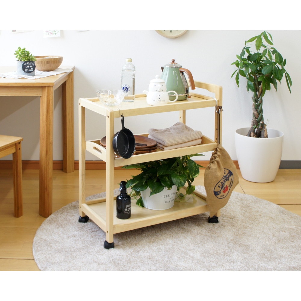 可動棚 トレー付き 天然木 キッチンワゴン キャスター付 北欧風 フクダクラフト 3段ワゴン トレー付 GF-051 NA ナチュラル 新生活応援