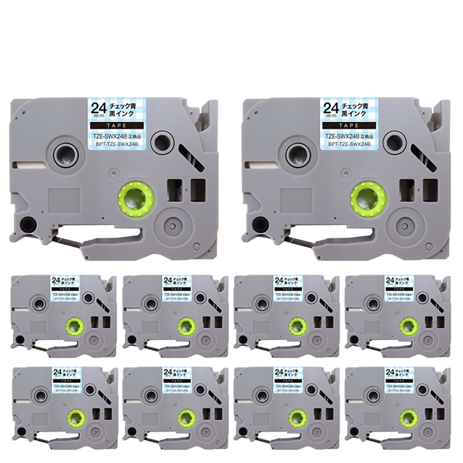 ブラザー用 ピータッチ 互換 テープ TZE-SWX24B 模様ラベル ラベルカートリッジ ピータッチキューブ対応 10個セット 24mm／チェック青テープ／黒文字／模様ラベル