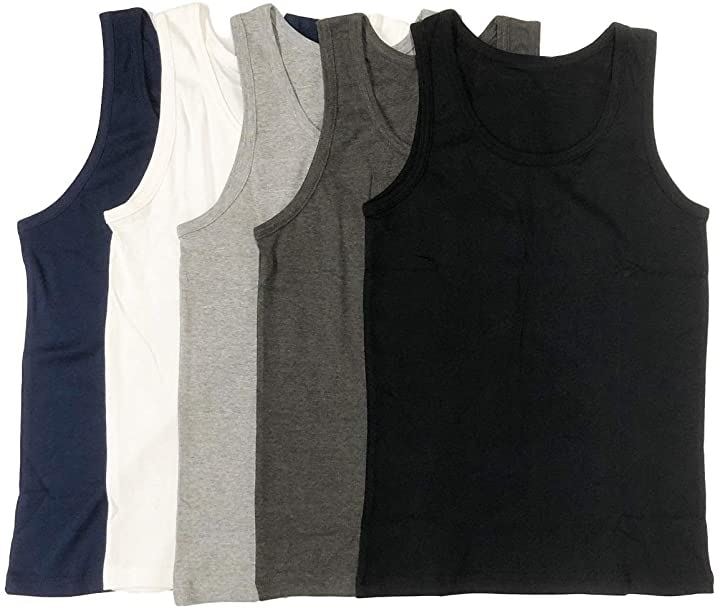 スリーピングシープ メンズ コットン 100% 無地 フライス タンクトップ S～LL ５色セット 黒白灰紺濃灰(５色セット（黒白灰紺濃灰）, S)