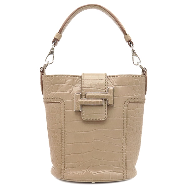 トッズ TODS 2WAYバッグ ダブルT バケットバッグ レザー ベージュ シルバー金具 ハンドバッグ ショルダーバッグ MW41【中古】