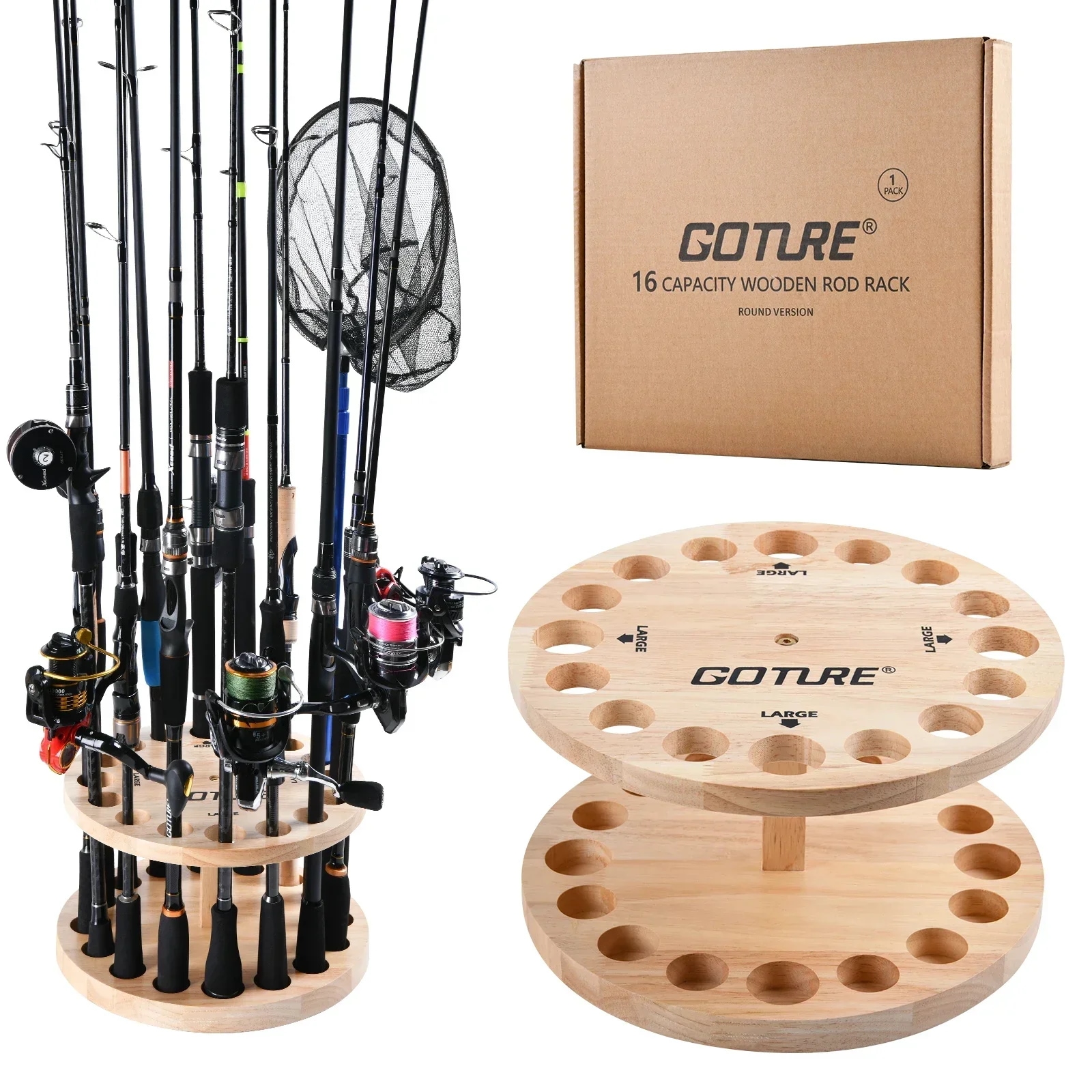 Goture-垂直釣り竿ホルダー,ロッドホルダー,ポールホルダー,無垢材のディスプレイ,収納ツール,16穴