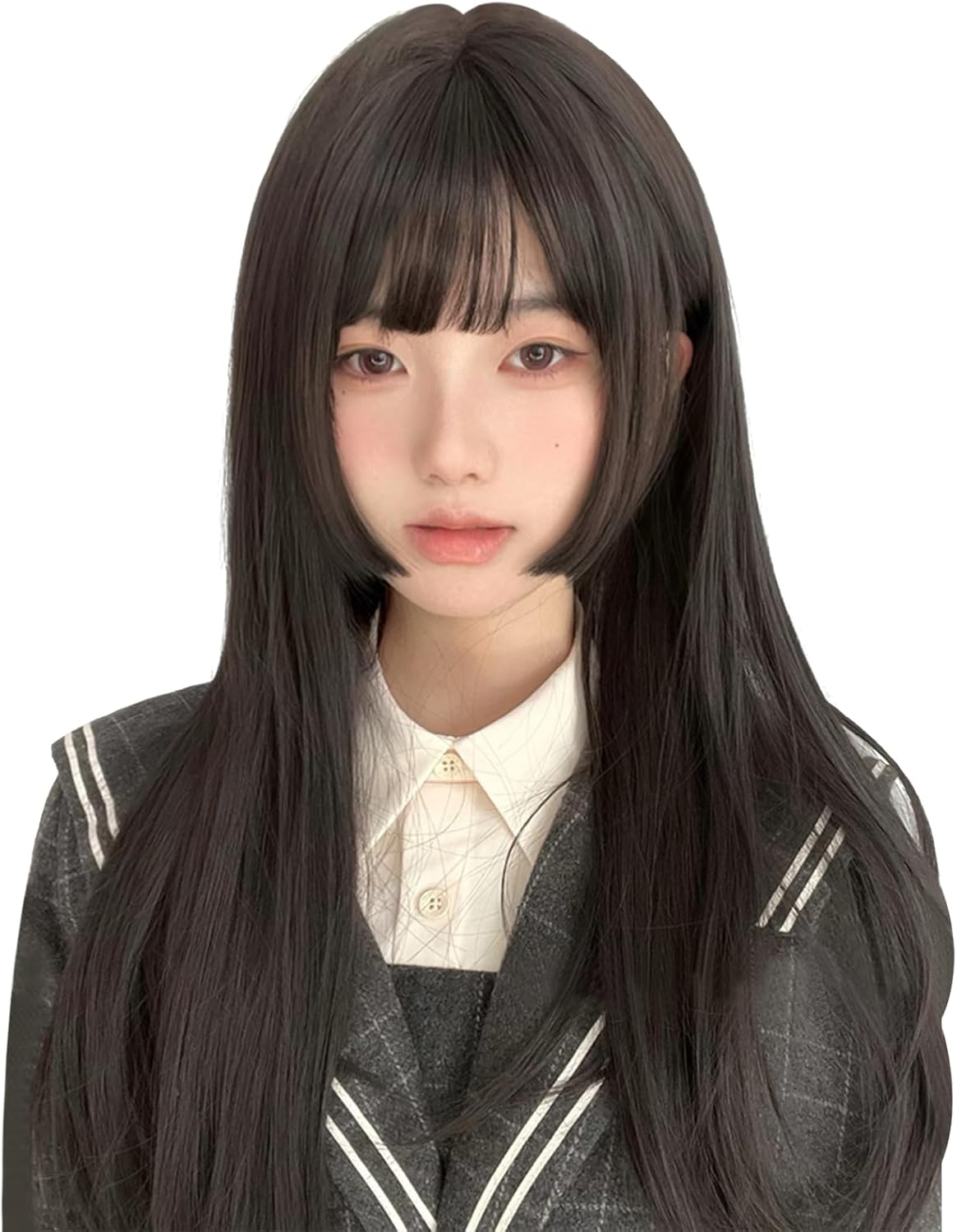 ロングストレートウィッグ 姫カット ぱっつん前髪 耐熱仕様 黒茶色 ネット・櫛付き