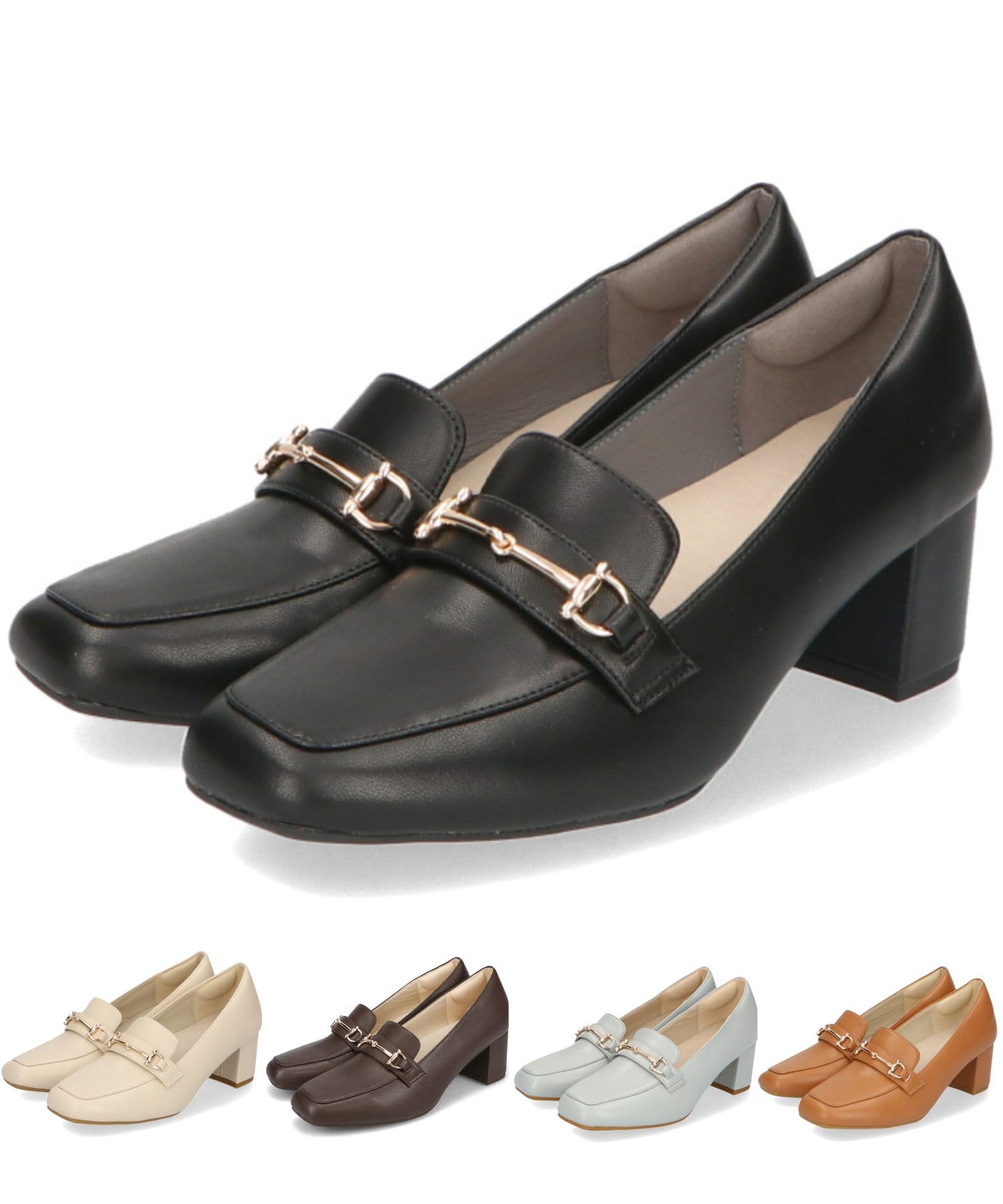 [オリエンタルトラフィック] パンプス レディース スクエアトゥ 大きいサイズ 小さいサイズ 厚手クッション入りつま先・土踏まず・踵クッション入り ヒールローファー シンプル R-3214 BLACK