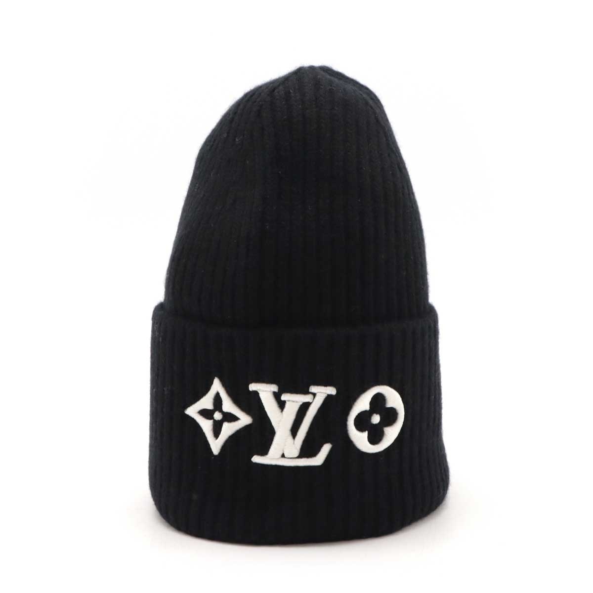 ビーニー LV ヘッドライン ロゴ ニットキャップ ニット帽 帽子 ウール100% ノワール 黒 ブラック M7787