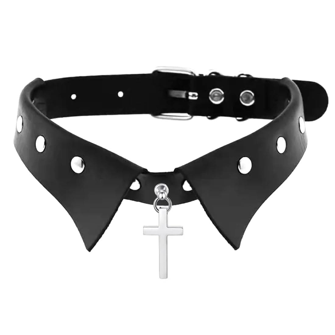 [グリーンピアッシング] クロス襟フェイクレザーチョーカー レディース ブラック 黒色 首輪 首飾り 太い 太め 幅あり シルバー コスプレ ハード パンク ロック