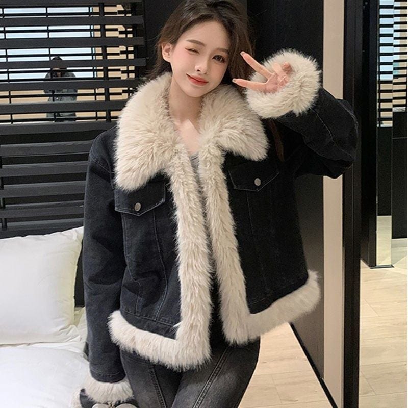 ジャケット デニムジャケット トップス ショート フェイクフォックスファー レディース 裏起毛ファッション 保温 体型カバー 厚手 アウター カーディガン テーラードジャケット 6,305円