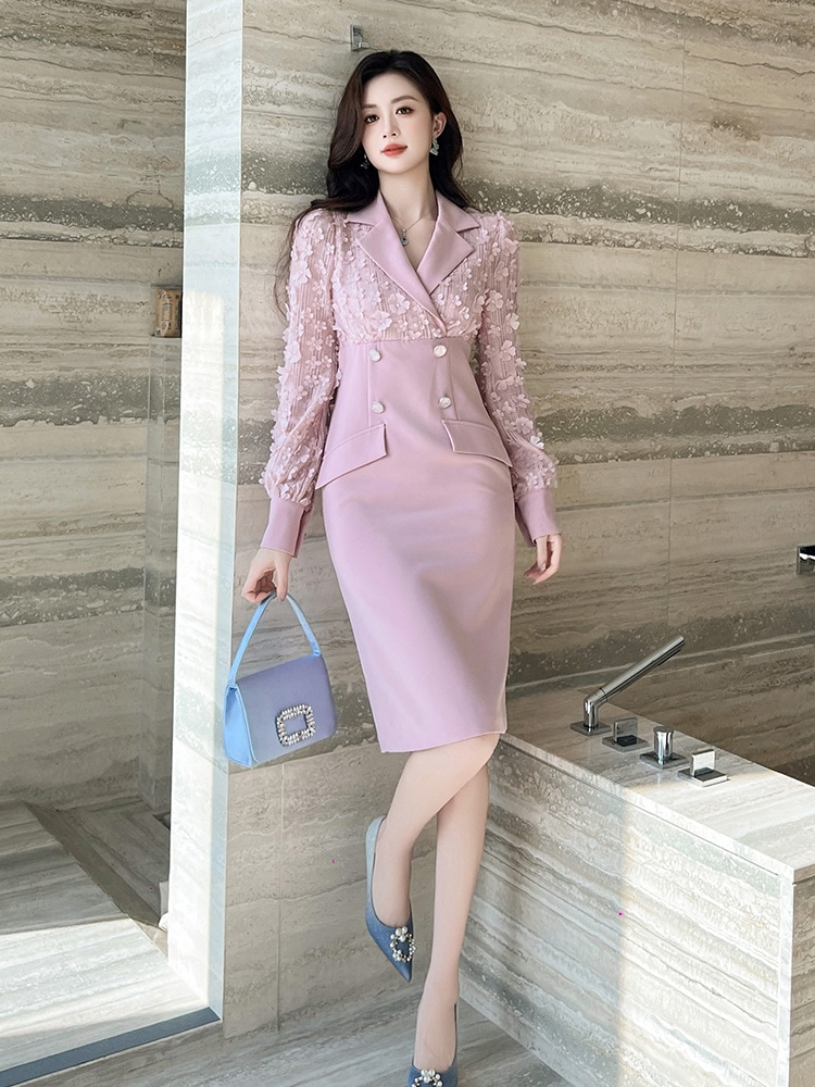 【JY.上品】 2024秋冬新品 スーツワンピース 花びら飾り ピンク ドレス パーティー キャバ 大人 同窓会 披露宴 卒業式 結婚式 演奏会 ウェディング 二次会 メガ割