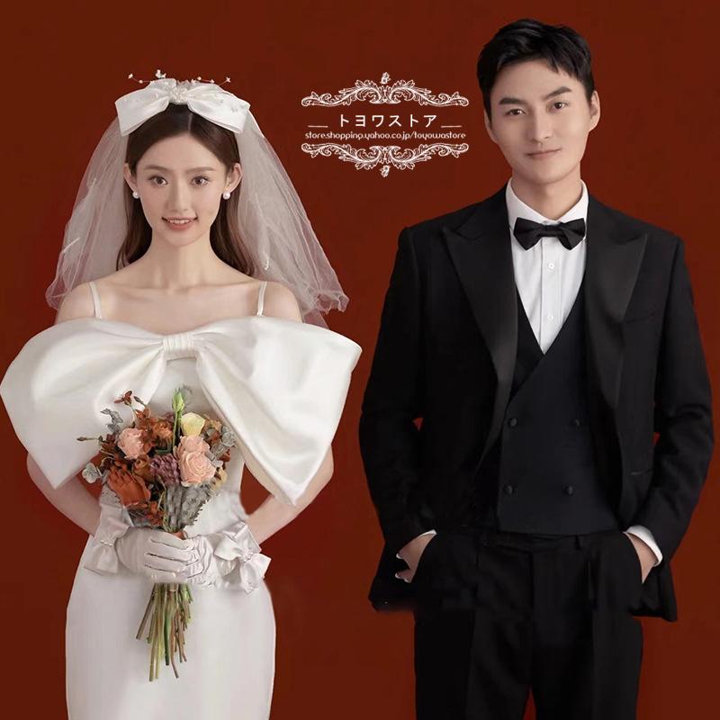 ウェディングドレスフォトウェデイング花嫁結婚式二次会前撮りホワイトリボン白ロングドレス披露宴パーティードレスブライダル作