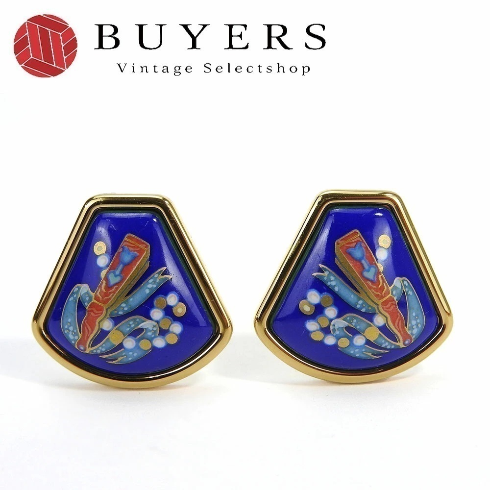 中古エルメス イヤリング エマイユ ブルー ゴールド 七宝焼き GP メッキ アクセサリー ジュエリー 扇 小物 オシャレ レディース 女性 HERMES earrings accessory