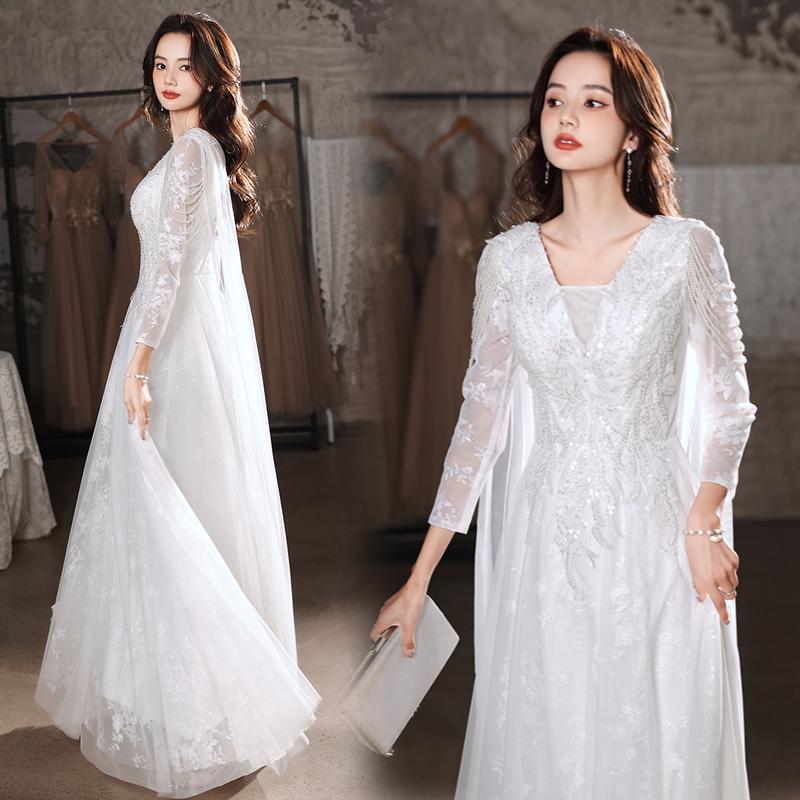 ウェディングドレス ロングドレス 演奏会 発表会 ホワイト 長袖 マント風 イブニングドレス 結婚式 二次会 ビーズ パーティードレス フリンジ 編み上げ