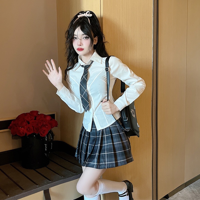 【1つ買うと10つ無料】Jkユニフォームカレッジセット女性の純粋な長袖シャツ +格子縞の短いスカート ラインプリーツスカート2ピースセット