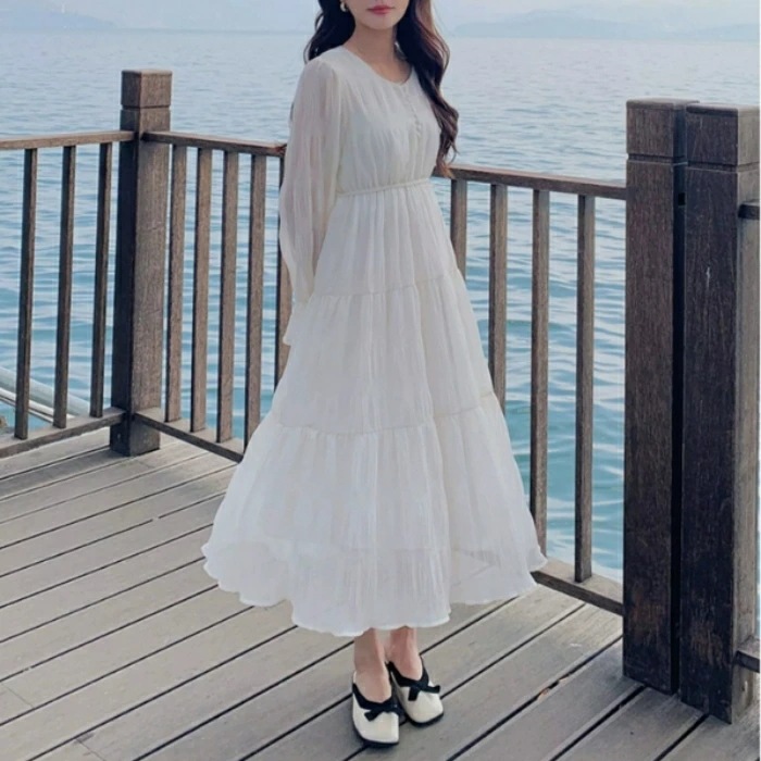 ティアード ワンピース ドレス 袖あり レディース エレガント きれいめ カジュアル ロング丈 長袖 大人 可愛い フェミニン ハイウエスト 透け感 シアー 体型カバー シンプル Aライン ナチュラル