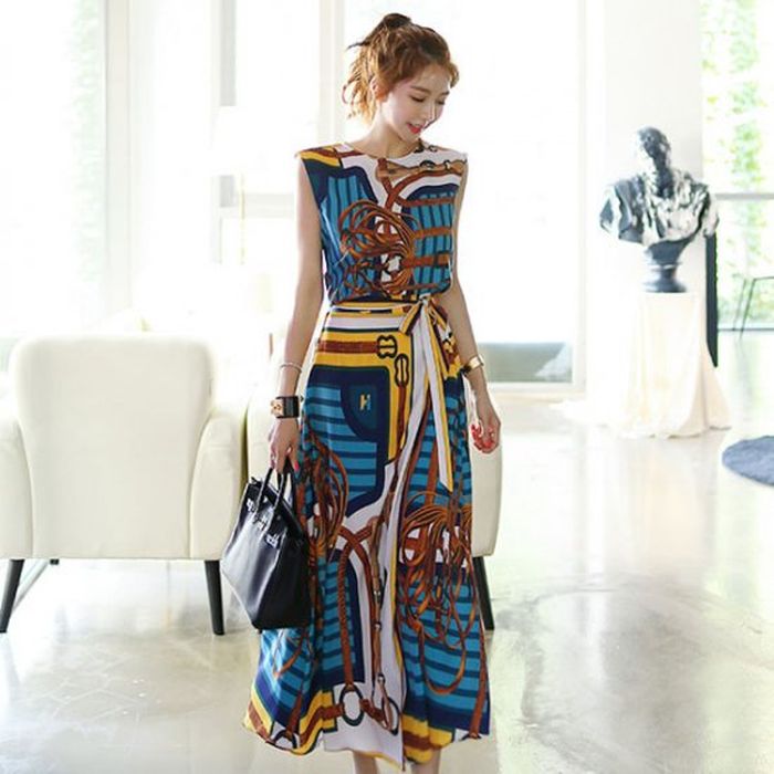 セットアップ セパレート 個性的 ワンピース フレア ノースリーブ スカーフプリント リゾート ウエストリボン 美シルエット ロング エレガント 韓国 上品 婚活 パーティー 二次会 デート 女子会 5,491円