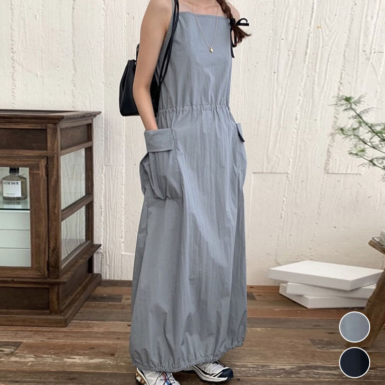 2A34 サスペンダーワンピース サスペンダー ロングワンピース キャミワンピース ウエストマーク ポケット レディース ゆったり ワンピ ノースリーブ ハイウエスト 韓国ファッション ドレス