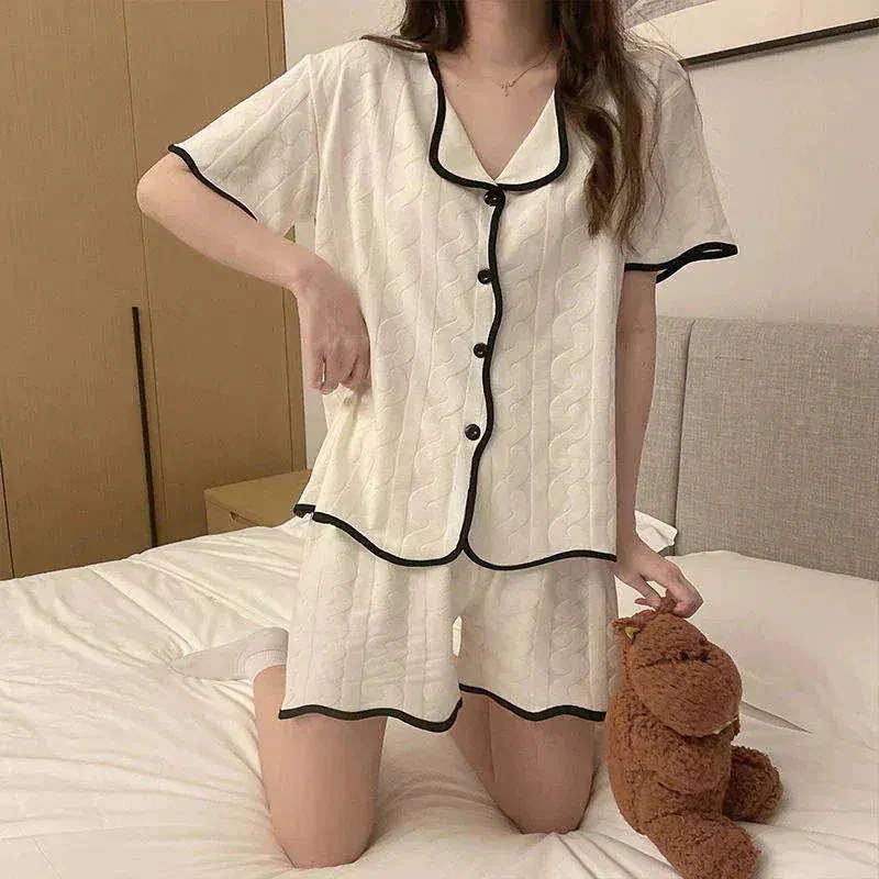 肌にやさしい レディース上下セット 柔らかい 下セットレディース 长袖可愛 半袖 1つ買うと10個無料韓国大人気可愛 部屋着 前開きパジャマ ２点セット パジャマ