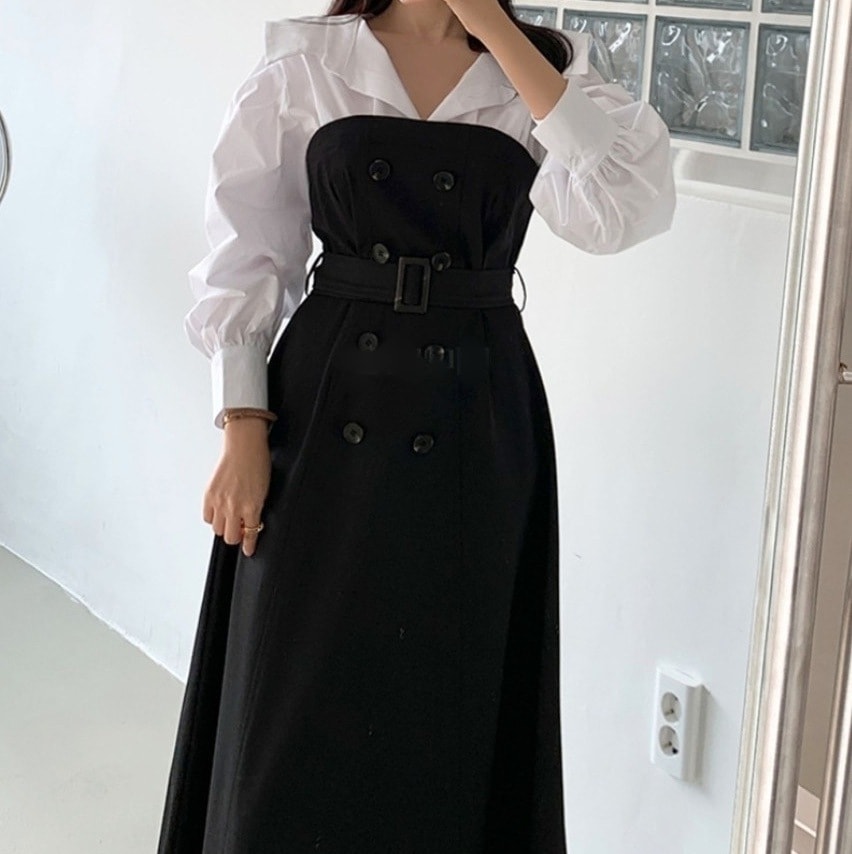 ダブルブレストコンビシャツワンピース ドッキングワンピース ハイウエスト 韓国 レディース オルチャン 黒 ブラック ベージュ ミモレ丈 長袖 Vネック 襟付き フレア Aライン