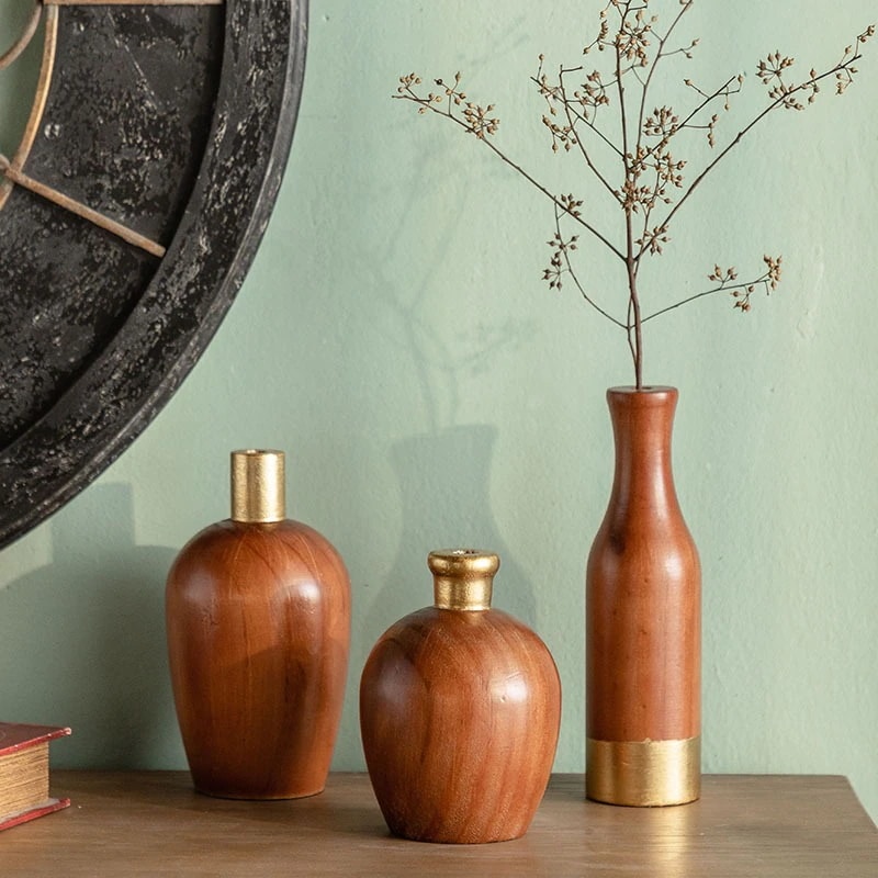 花瓶 ゴールド 塗装 フラワーアレンジメント 装飾品 レトロ 木製 結婚式 木目調 フラワーベース ギフト お洒落 モダン ブラウン