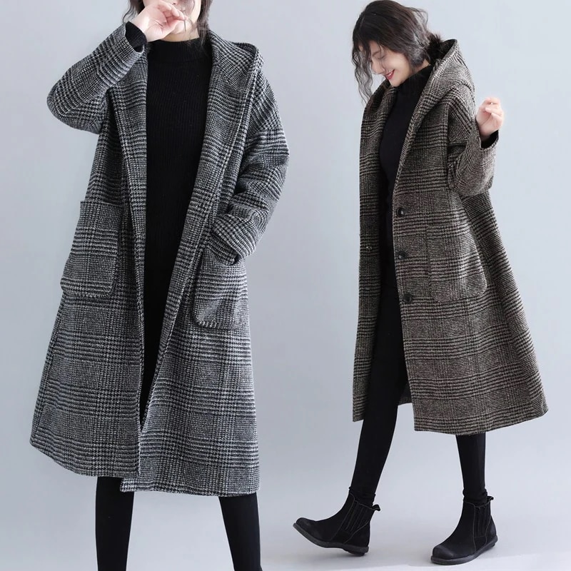 「ファットガール」 2023秋今週の割引は 25% オフです冬 千鳥格子 大きいサイズ チェスターコート フード付き ポケット付き レディース アウター メガ割