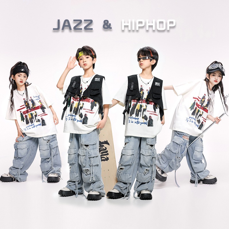 キッズヒップホップ夏季クールスリーピースセット 男女兼用 パフォーマンス服
