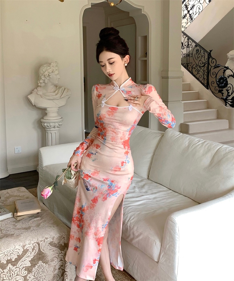 ドレス パーティードレス 二次会ドレス ナイトドレス セクシードレス コスプレ ロング マキシ丈 長袖 スレンダーライン サイドスリット 谷間 きれいめ 大人 上品 おしゃれ お洒落 セクシー