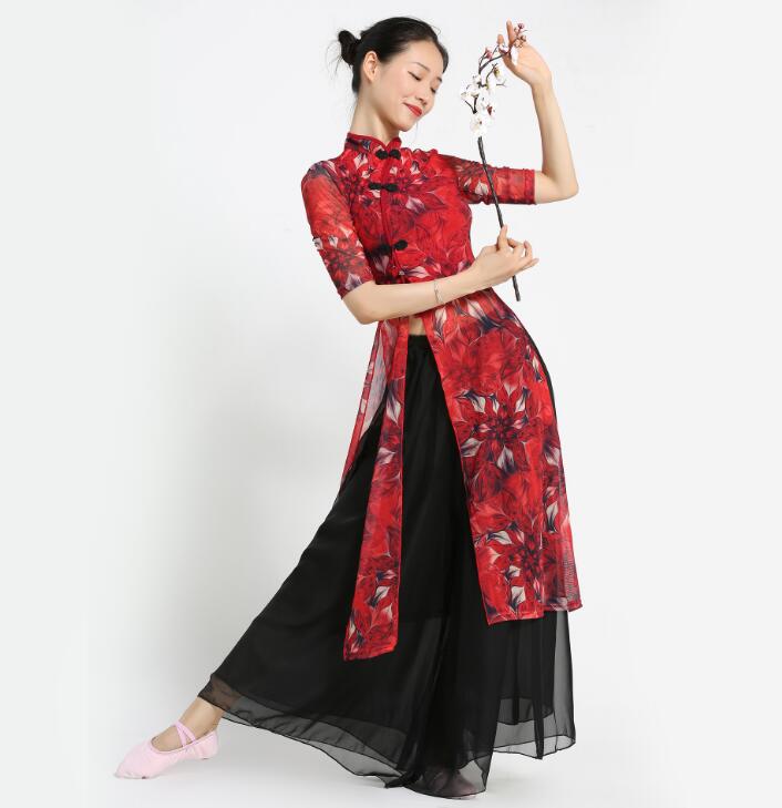 チャイナドレス ロング丈 チーパオ 古典ダンス衣装 改良版チーパオ エスニック 花柄 ロング丈チャイナ服 スリット入り シフォンガウチョパンツ ステージ衣装 文化祭 イベント衣装 ストレッチ 学園祭