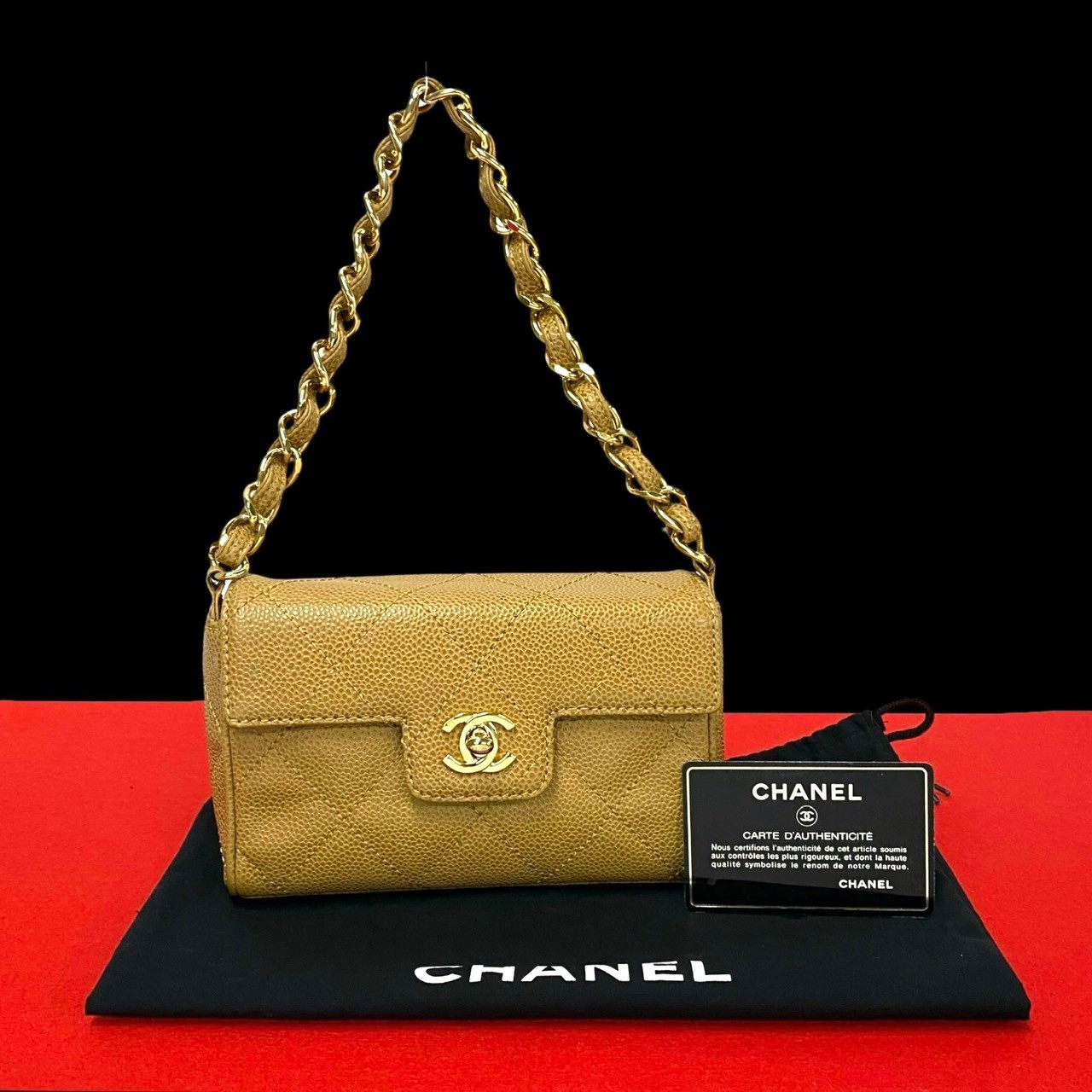 ヴィンテージ マトラッセ ココマークハンドバッグ マットキャビアスキン ベージュ 19007