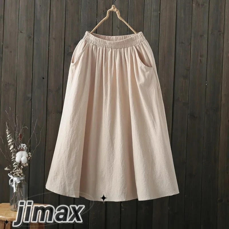 ミモレ丈スカート スカート ミモレ丈 春夏 黒 大きいサイズ ロング ポケット付き 綿麻 ロングスカート 無地 フレア ウエストゴム レディース Aライン ハイウェスト ゴム きれいめ フェミニン オ