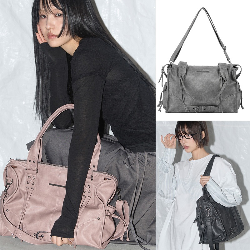 【BELTED WASHING LEATHER BAG】 - BABY PINK / BLACK / GRAY