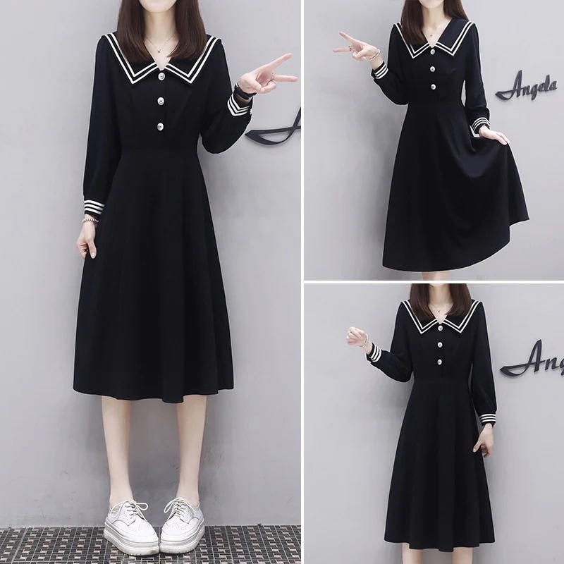 ネイビーカラーブラックドレス 2024年秋 レディース スカート着痩せ 年齢軽減 ロング丈 膝上長袖リトルブラックドレス