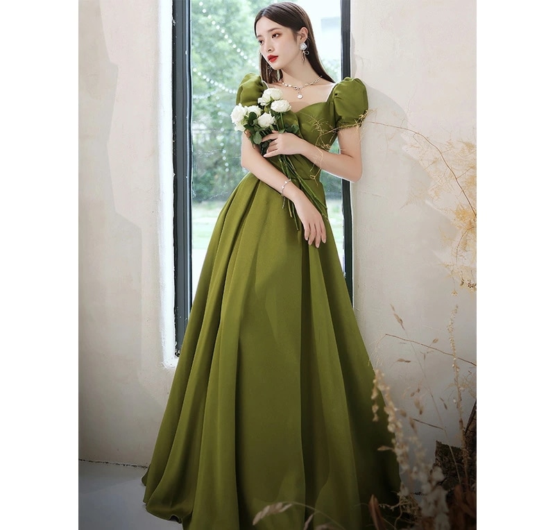 イブニングドレス グリーン サテン ドレス パフスリーブ ロングドレス 発表会ドレス コンサート エレガント パーティードレス 緑 パール オシャレ 結婚式ドレス 二次会ドレス お呼ばれドレス ロング