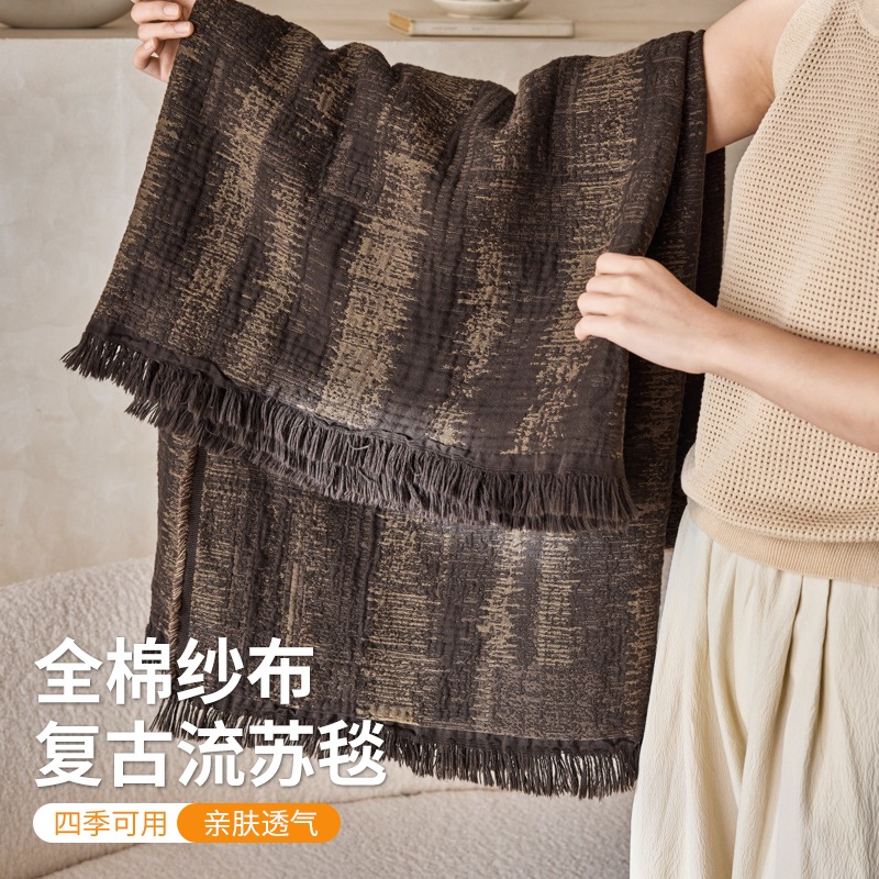 レトロハイエンドのコットンガーゼフリンジブランケットオフィスナップブランケットソファソファカバーブランケットエアコン小さなブランケットベッドテールタオル