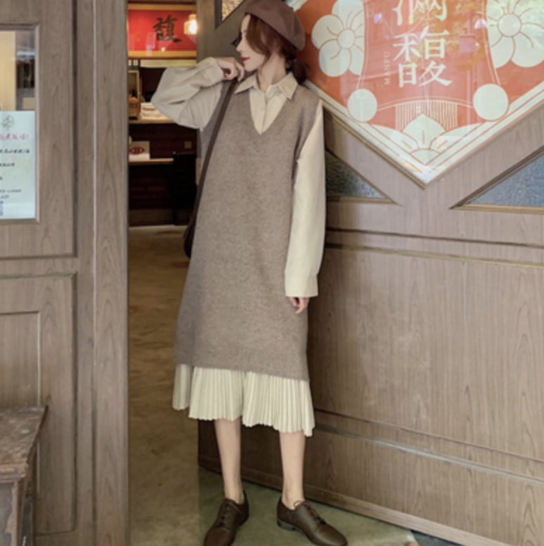 トップス ワンピース デート ニットソー ベスト シャツ プリーツ セット シャツワンピース ロング丈 ロング ミモレ ミモレ丈 袖あり 長袖 アプリコット ネイビー 個性的 M L XL 2XL