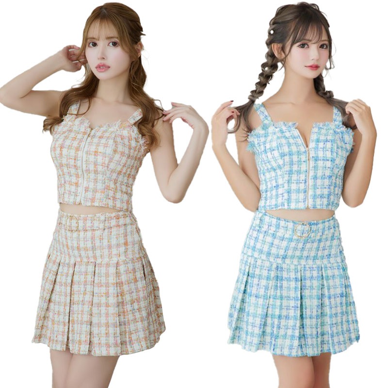 【SMLサイズ/2カラー】ツイード セットアップ ファスナー ベルト風 パールバックル ミニドレス キャバドレス [1301]