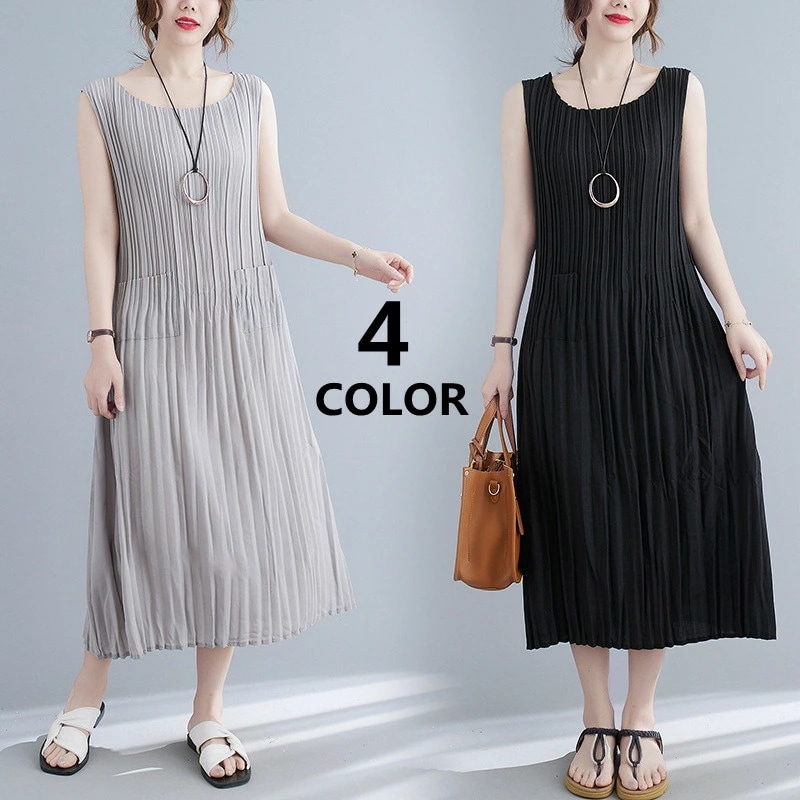 ワンピース レディース 森ガール プリーツ ロングワンピース ゆったり ノースリーブ マキシ丈 体型カバー 夏新作 バレンタイン 2025 プレゼント