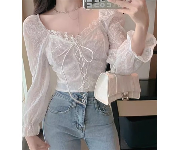 レディース トップス シャツ ブラウス カットソー プルオーバー ミドル丈 長袖 スクエアネック フェミニン レース フリル リボン 編み上げ レースアップ 異国風 かわいい 大人可愛い きれいめ 8,398円