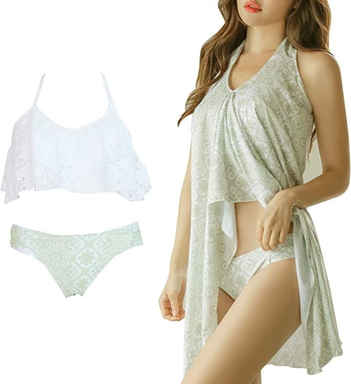 水着 レディース 体型カバー ビキニ ワンピース 3点セット ホルターネック ママ水着 スイムドレス( カーキ, M)