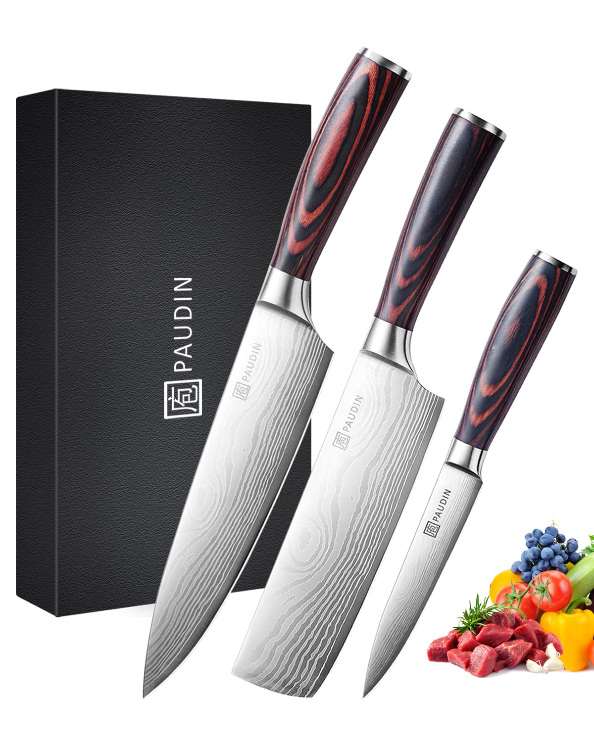 包丁セット PAUDIN 【牛刀包丁・菜切り包丁・ペティナイフ】3点セット 両刃包丁 5Cr15Mov高炭素ステンレス製 防錆 切れ味長い 木製ハンドル 肉切り· 魚切り·菜切り包丁 父の日 贈り物